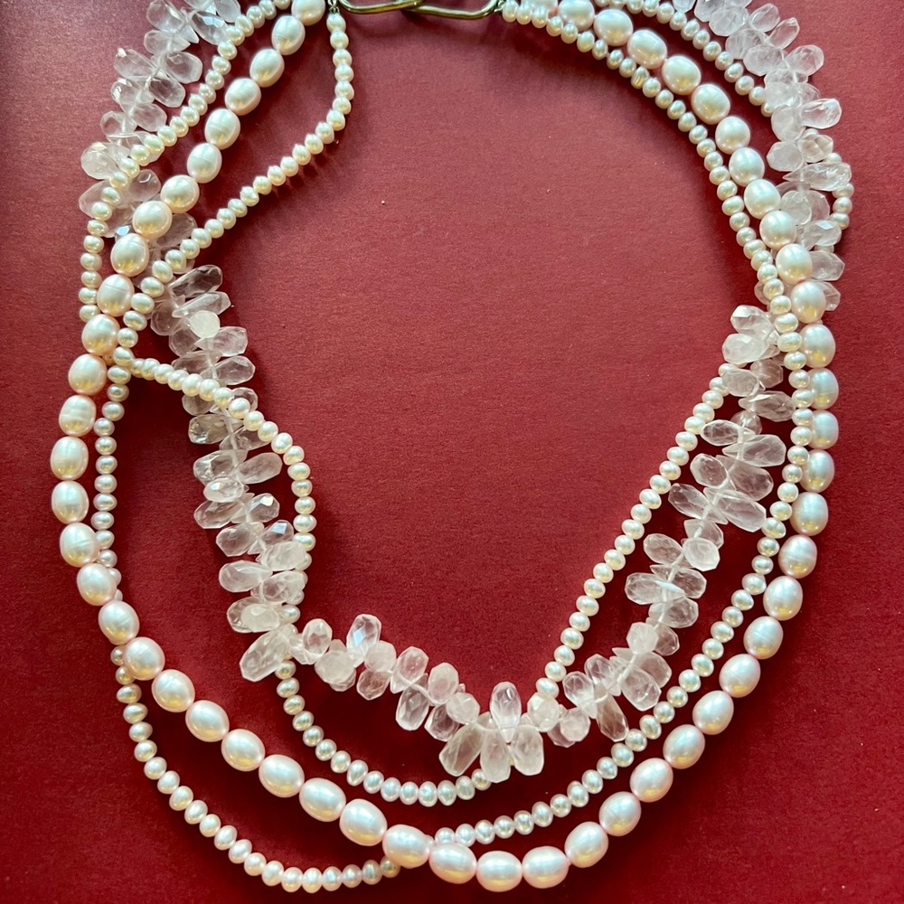 Lovely Briolette cultured Pearls and Rose quartz beads. Multi strands 18” long.
